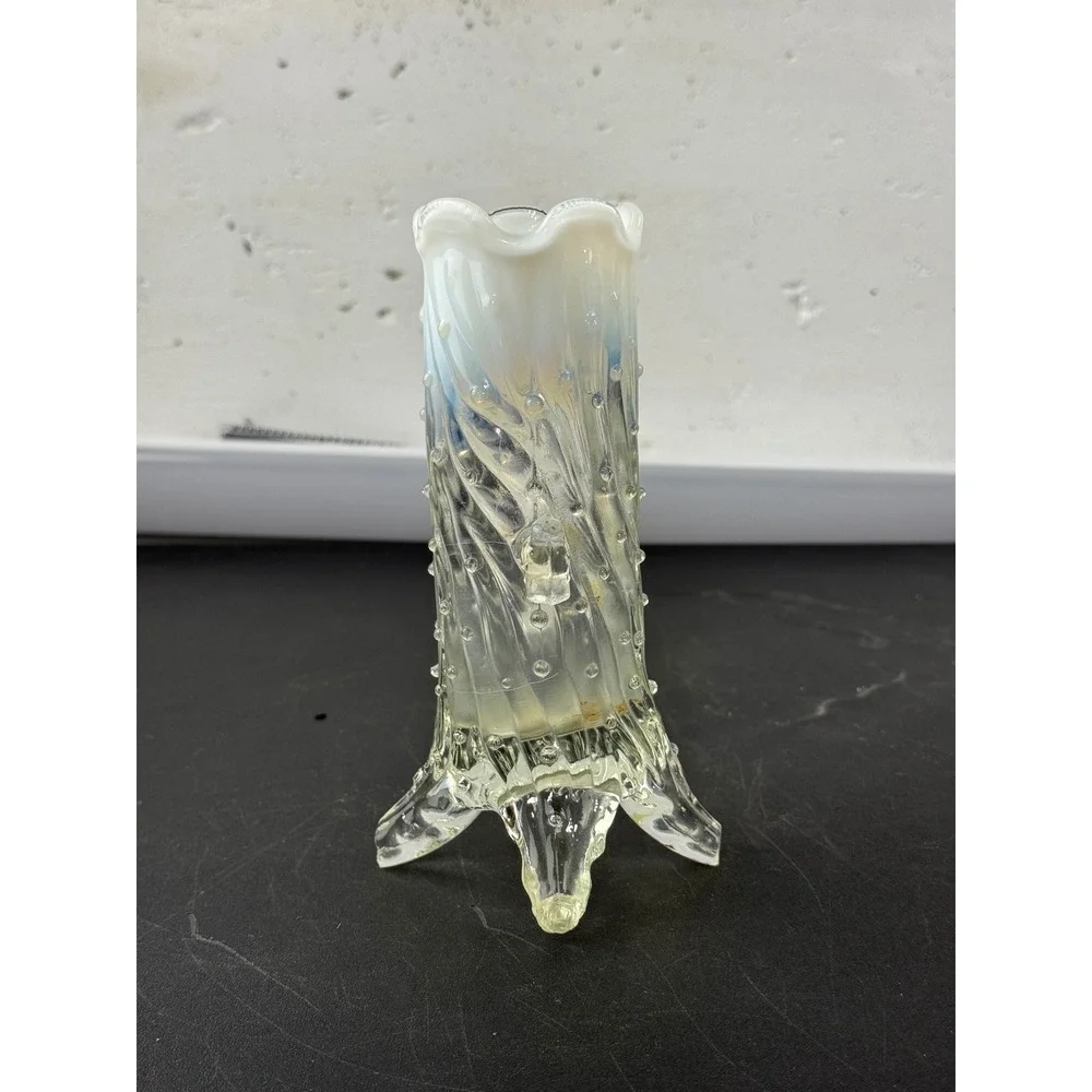 Northwood White Opalescent Tree Trunk Glass Vase with Handle Antique EAPG 6.5
